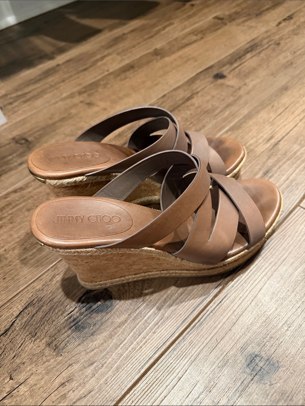Jimmy Choo Tan Leather Espadrille Wedge Sandals